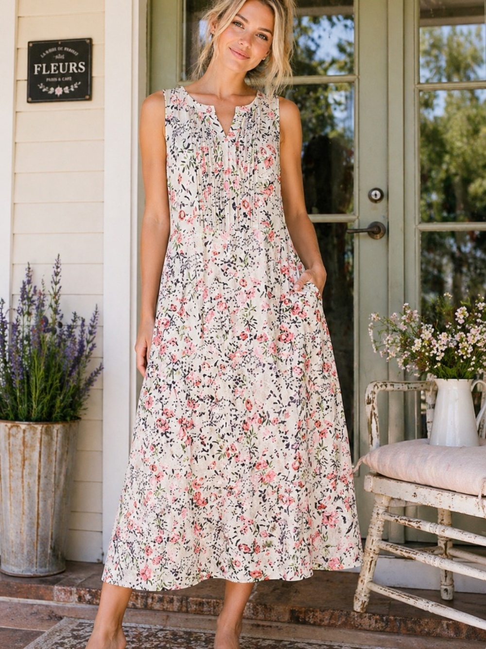 White Pink Floral Pintuck‎ Sleeveless Maxi Dress Pockets M